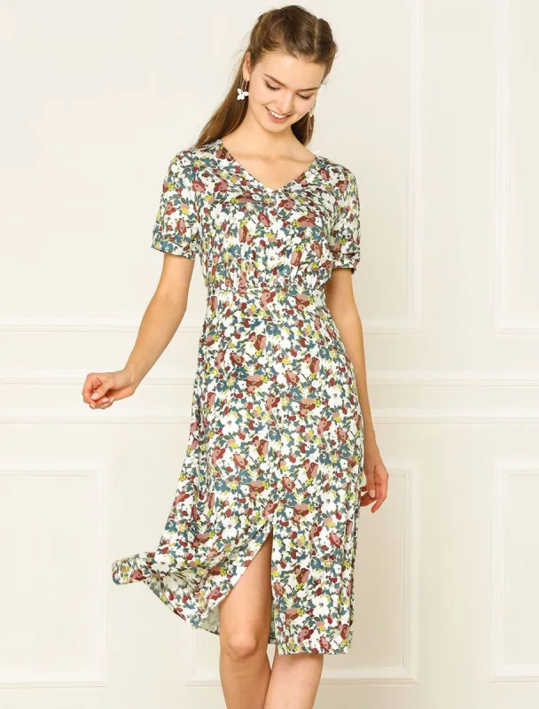 Floral V Neck Short Sleeve High Waisted Slit Midi Dress made by Allegra K