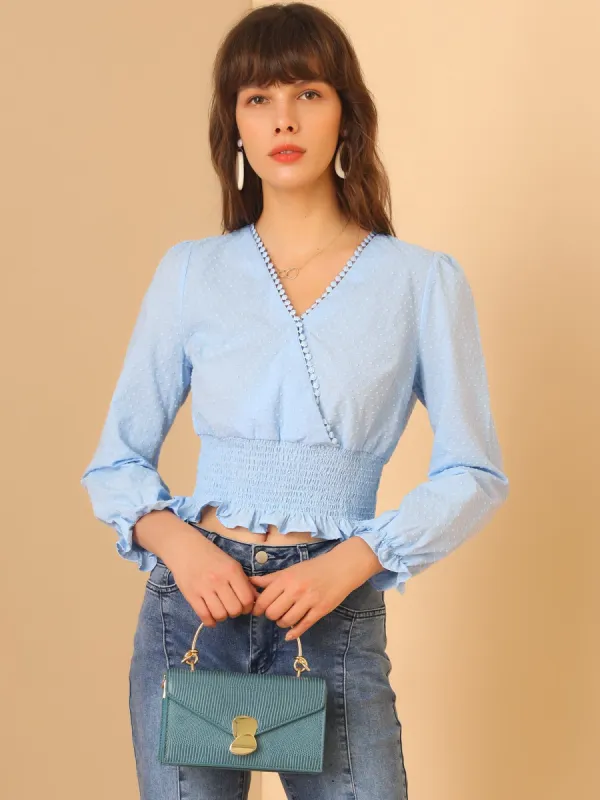 Wrap V Neck Ruffle Smocked Waist Cropped Tops sold by Allegra K