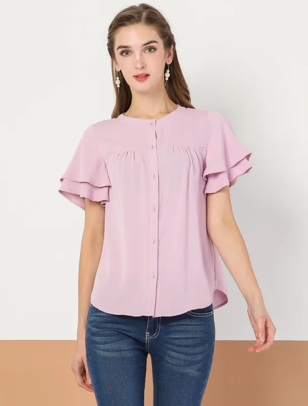 Ruffle Button Front Blouse Chiffon Short Sleeve Summer Top Shirt sold by Allegra K