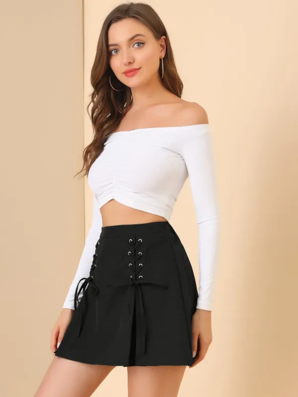 Gothic Pleated Lace Up Elastic Waist A-Line Mini Skirt sold by Allegra K