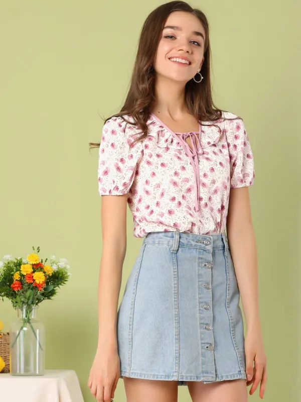 Floral Ruffle Tie Neck Elastic Cuff Casual Blouse Top sold by Allegra K