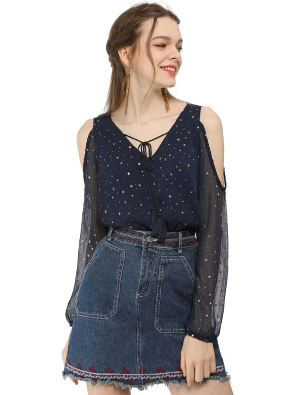 Semi Sheer Tie V Neck Star Cold Shoulder Blouse sold by Allegra K