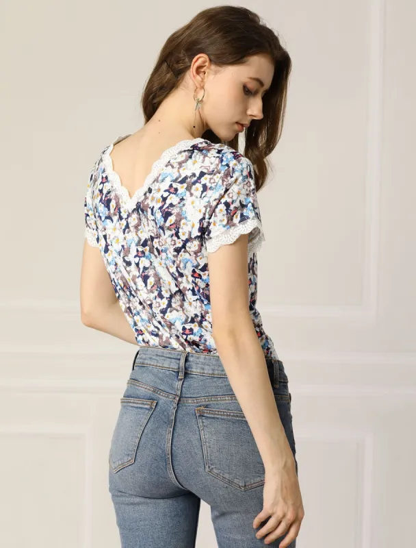 Lace Trim Short Sleeve Back V Cute Floral Printed Blouse sold by Allegra K