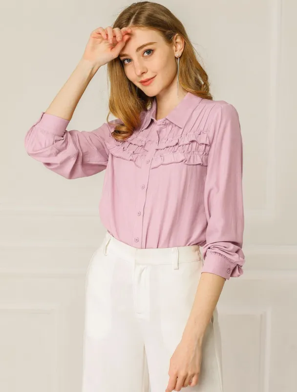 Ruffle Bow Tie Neck Elegant Button Up Shirt Work Office Blouse sold by Allegra K