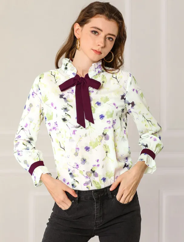 Ruffle Tie Neck Contrast Color Floral Top Blouse sold by Allegra K