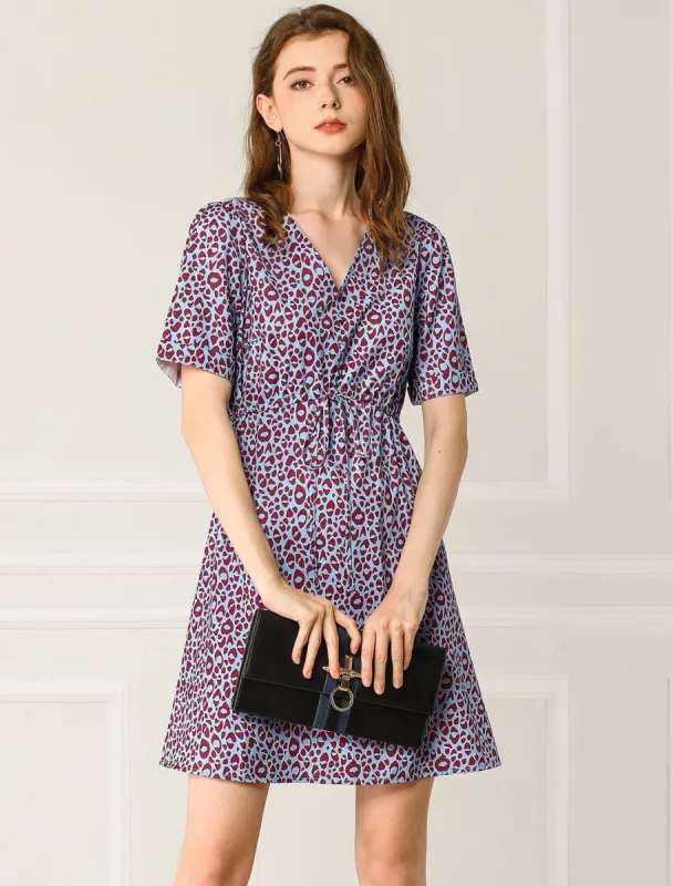 Leopard High Waist Drawstring V Neck Short Sleeve A-Line Dress sold by Allegra K