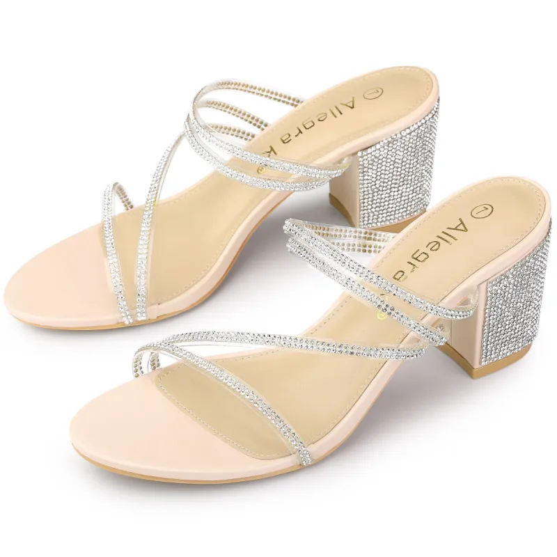 Women's Strappy Rhinestone Block Heel Slide Sandals sold by Allegra K