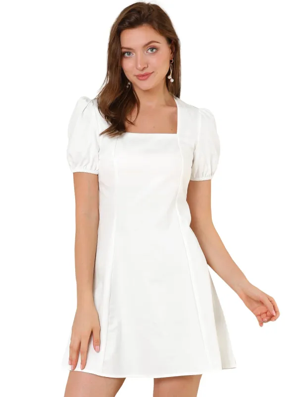Women's Elegant Square Neck Dresses Solid Color Cotton Puff Sleeve A-Line Short Dress sold by Allegra K