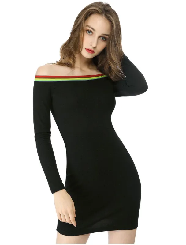 Allegra K Rainbow Stripe Ribbed Off Shoulder Bodycon Dress made by Allegra K