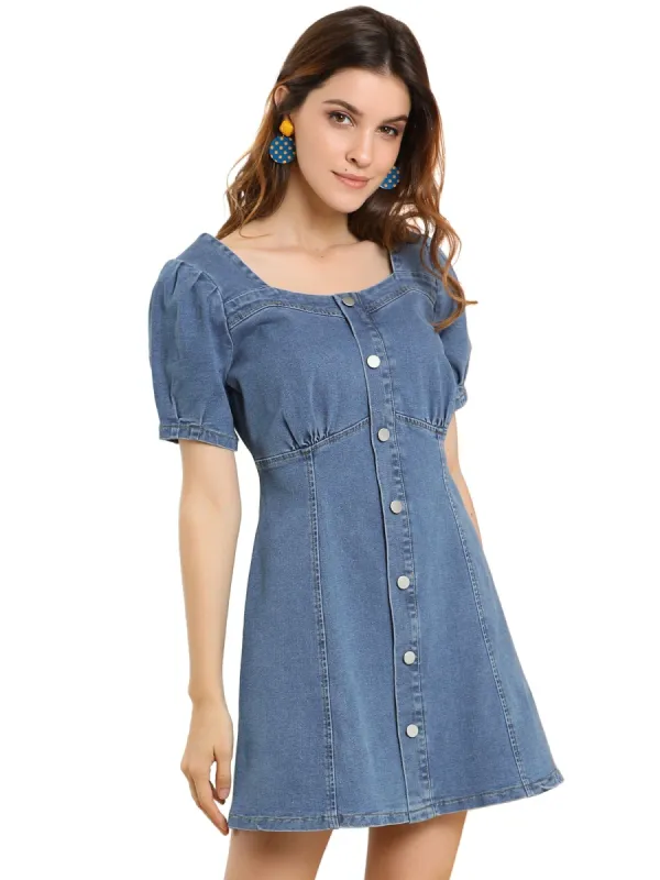 Women's Denim Flare Mini Puff Sleeve Sweetheart Neck sold by Allegra K