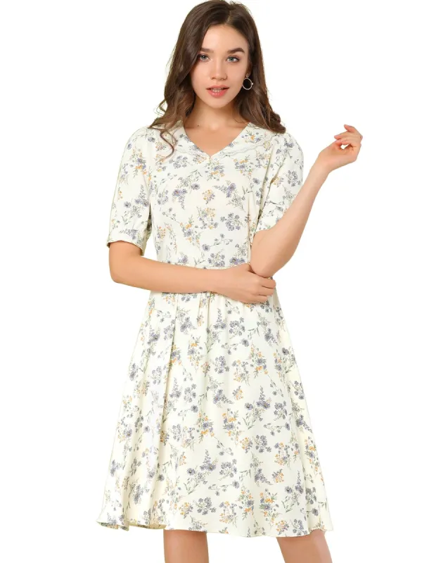 Women's Floral Peter Pan Collar Hgih Waist A-line Flowy Chiffon Midi Dress sold by Allegra K