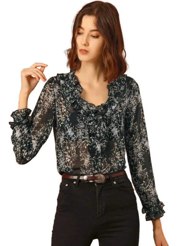Women's Vintage Puff Sleeve Button Down Ruffle V-neck Floral Printed Blouse Top sold by Allegra K