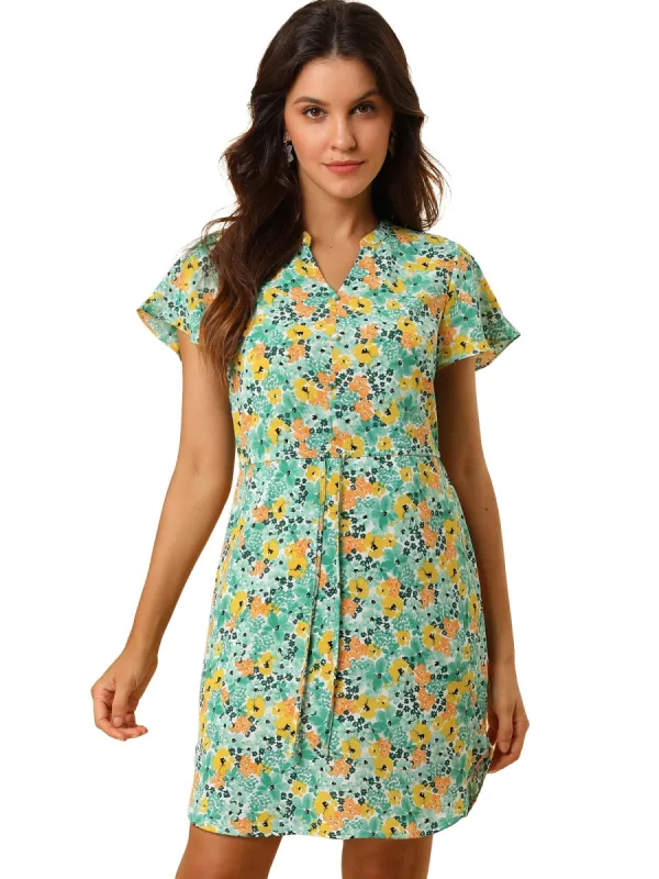 Women's Tropical Printed V Neck Ruffled Cuff Tie Waist Dress sold by Allegra K