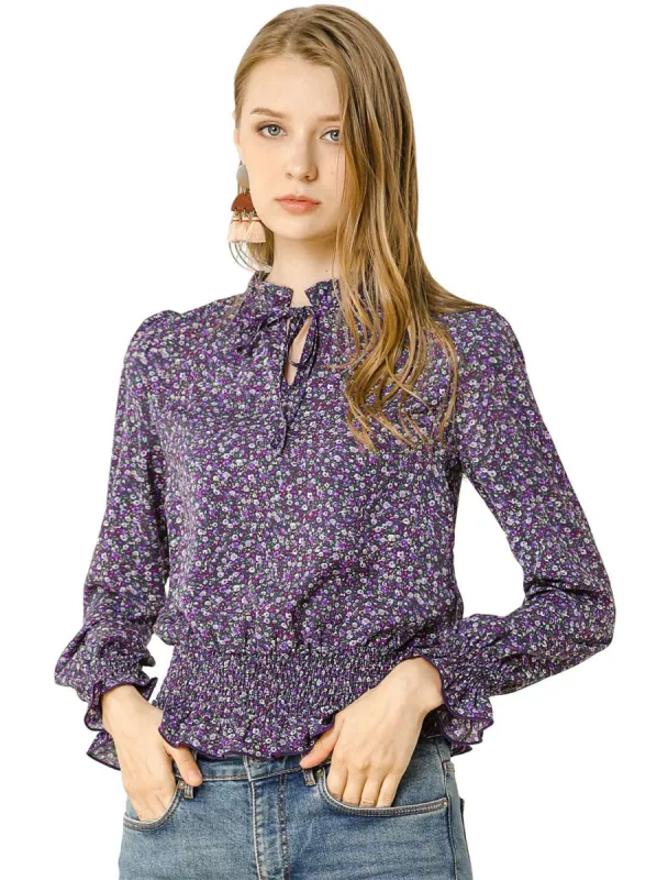 Women's Smocked Puff Sleeve Ruffle Peplum Ditsy Floral Top Blouse sold by Allegra K