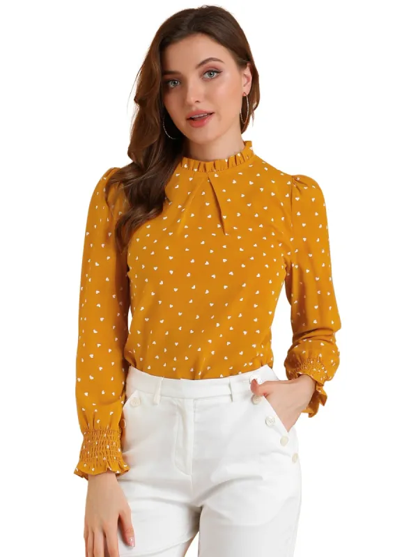 Women's Ruffled Neck Smocked Long Sleeve Floral Printed Blouse Top sold by Allegra K