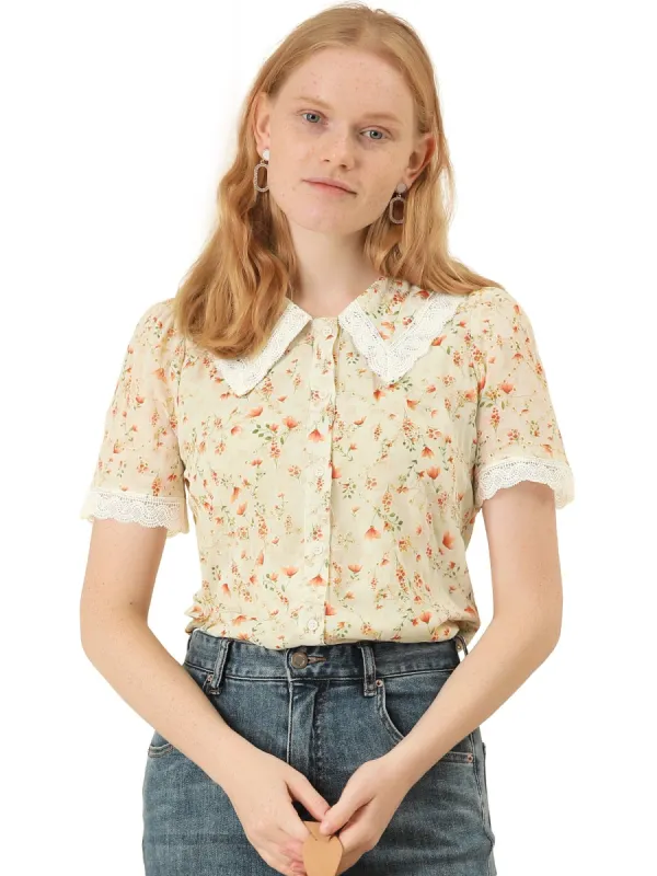 Women's Peter Pan Collar Lace Embroidered Casual Floral Shirt Blouse sold by Allegra K