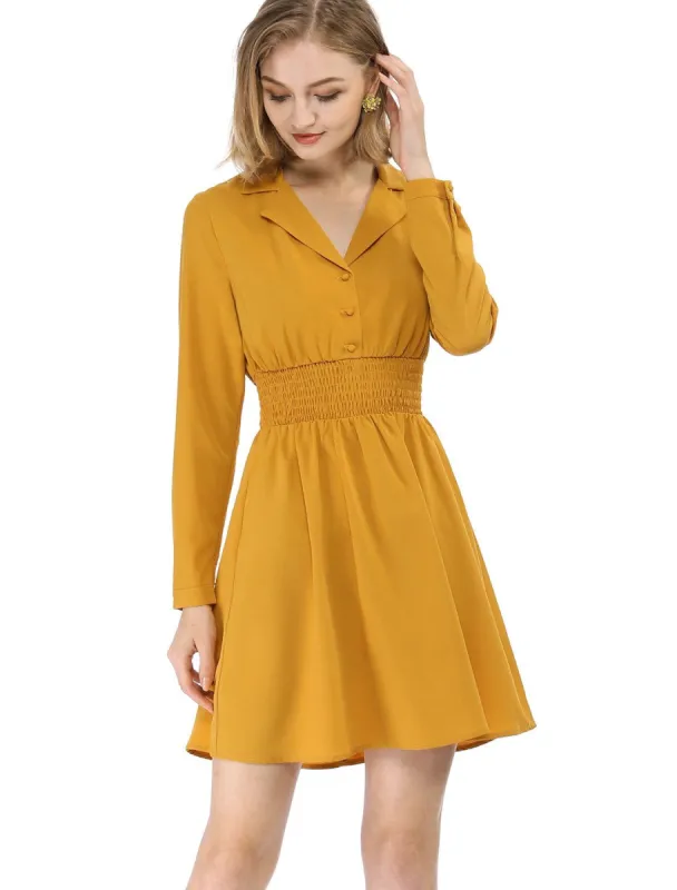 Allegra K Notched Lapel Buttons Smocked Waist Dress sold by Allegra K