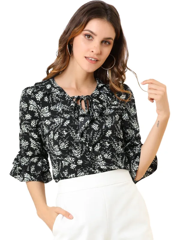 Women's Ruffled Tie-Neck Layered Ruffle Elbow Sleeve Casual Floral Blouse sold by Allegra K
