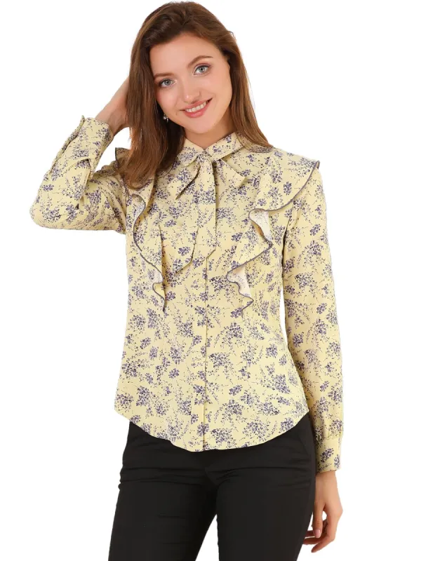 Women's Floral Printed Ruffle Tie Neck Long Sleeve Shirt sold by Allegra K