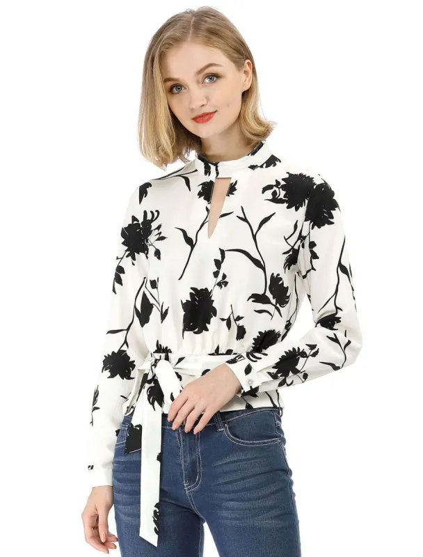 Allegra K Choker V Neck Tie Waist Floral Long Sleeves Tops sold by Allegra K