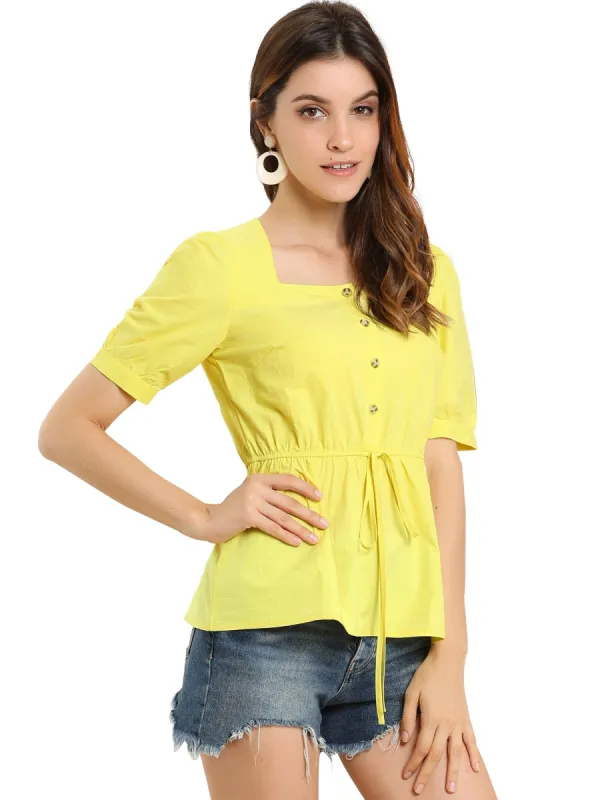 Women's Square Neck Short Sleeve Half Placket Elastic Waist Top Blouse sold by Allegra K