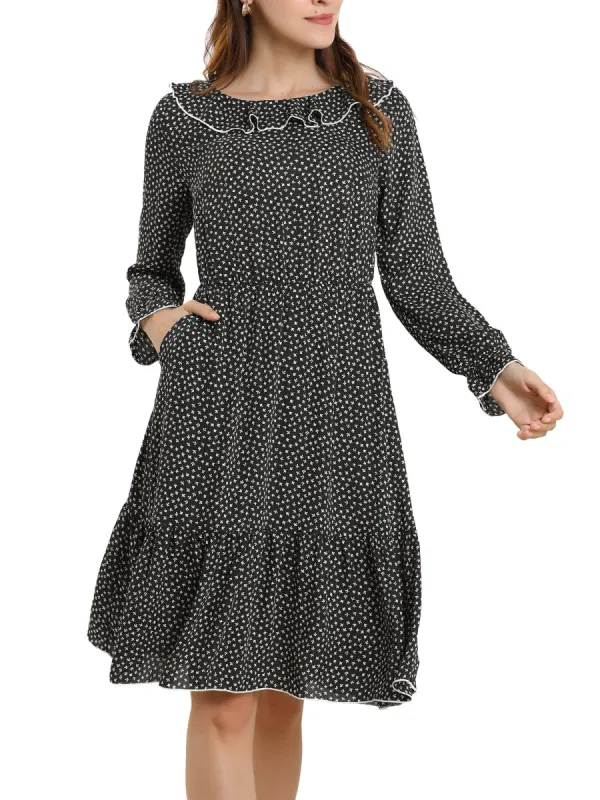 Women's Peasant Chiffon Floral Printed Contrast Trim Ruffle Dress sold by Allegra K