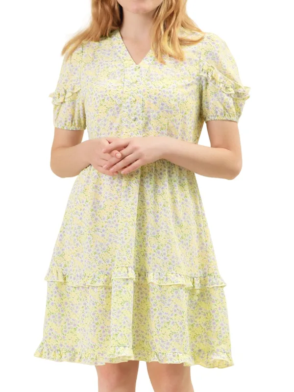 Women's Casual Floral Print Short Sleeve V Neck Ruffle Hem Tiered Dress sold by Allegra K