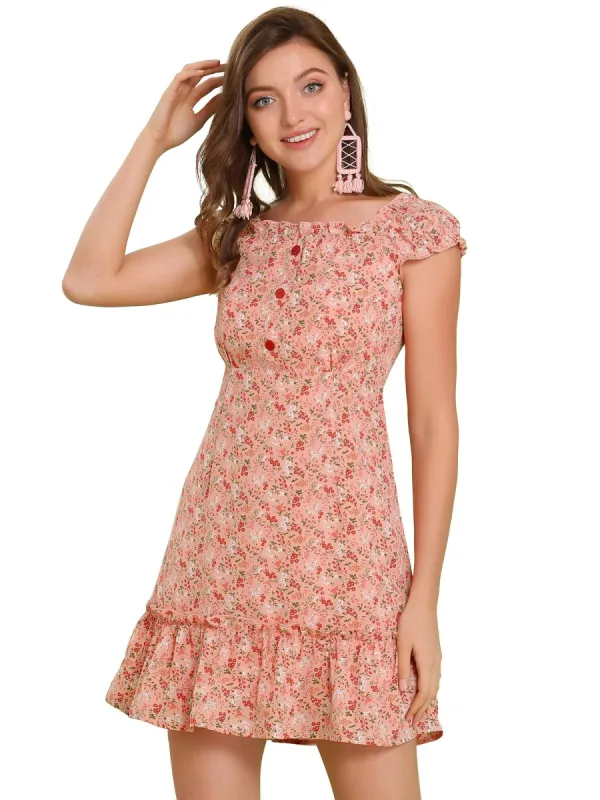 Women's Ditsy Floral Ruffle Neck Cap Sleeve Ruffled Button Down Mini Dress made by Allegra K