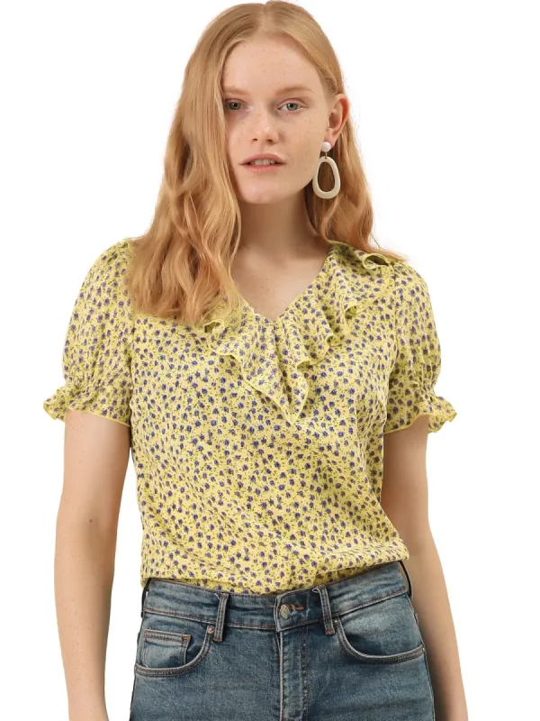 Women's Casual Ruffle V Neck Short Bell Sleeve Smocked Chiffon Floral Top sold by Allegra K