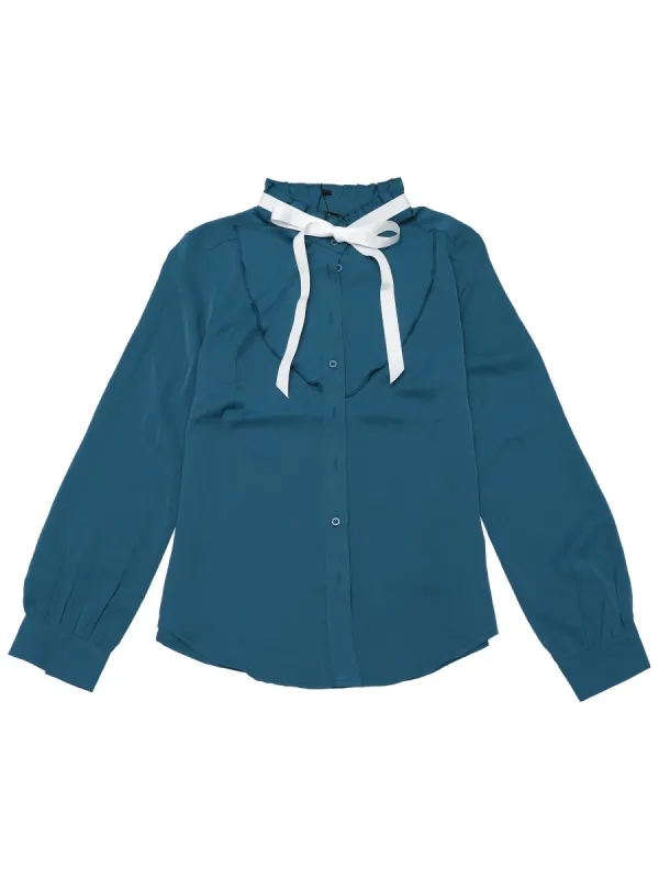 Women's Work Office Top Blouse Ruffle Neck Long Sleeve Ribbon Button Down Shirt sold by Allegra K