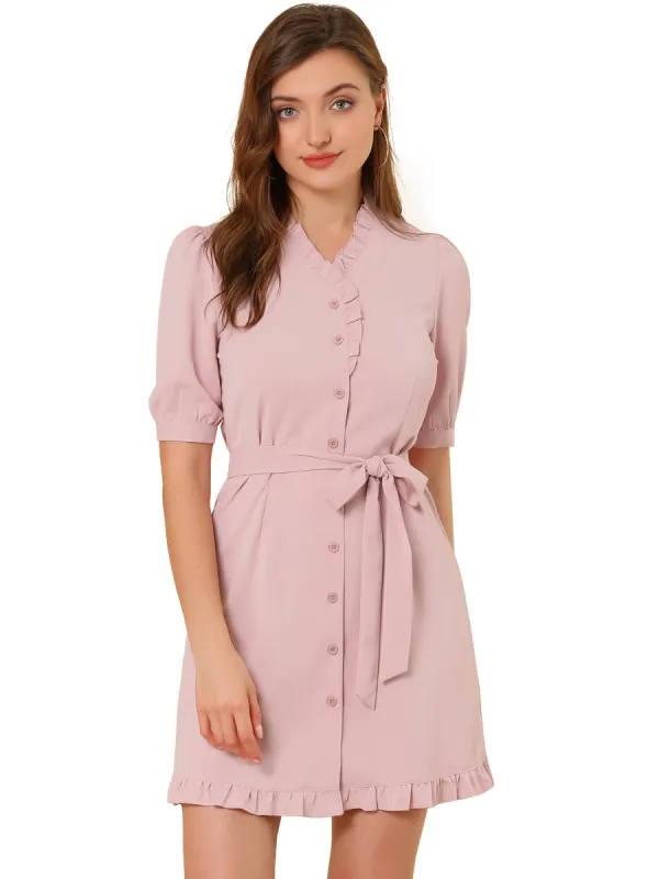 Women's Ruffle Neck Button Down Tie Waist Shirt Dress sold by Allegra K