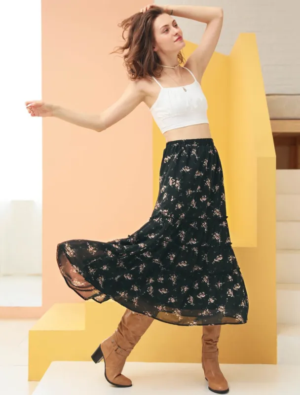 Women's Floral Elastic Waist Tiered A-Line Long Chiffon Skirt sold by Allegra K