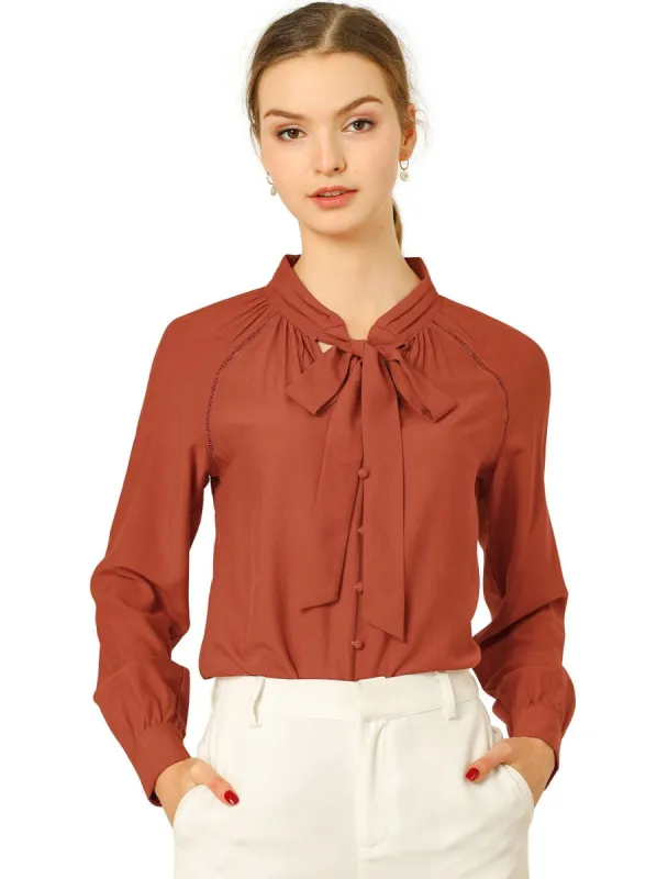 Women¡®s Bow Tie Neck Long Sleeve Casual Button Decor Shirt sold by Allegra K