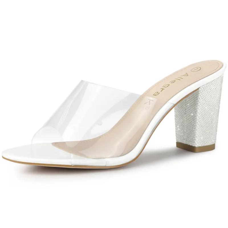 Women's Glitter Chunky Heel Clear Slides Sandals made by Allegra K