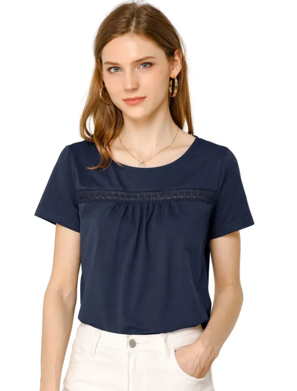 Women's Round Neck Short Sleeve Lace Trim Pleated Front Solid Color Blouse Top sold by Allegra K