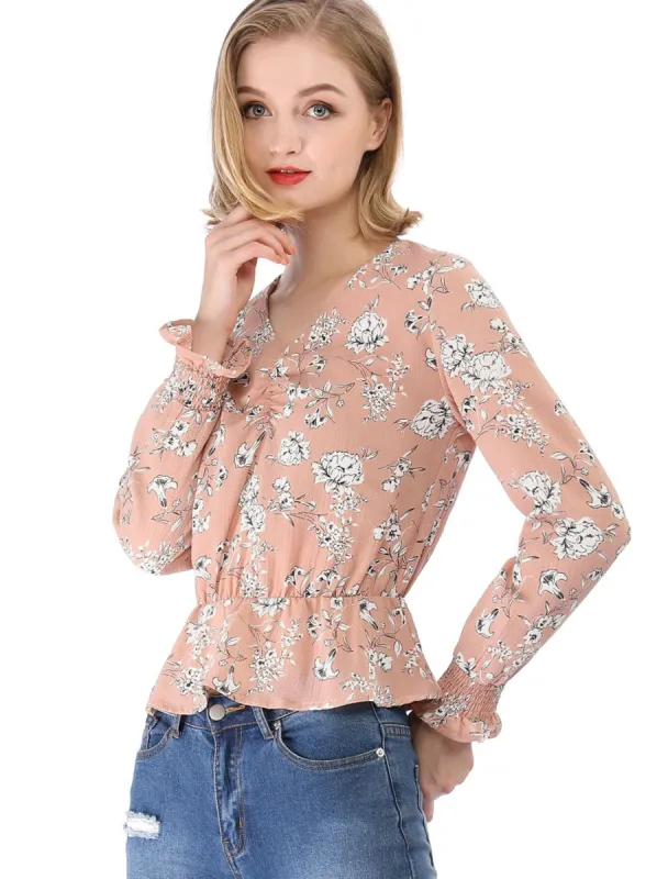 Allegra K Floral Ruched V Neck Smock Sleeve Peplum Blouse sold by Allegra K