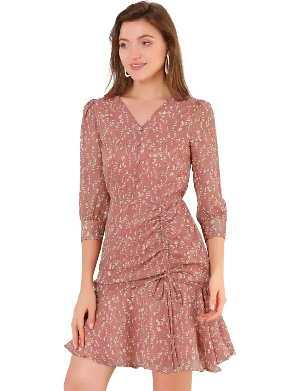 Women's 3/4 Sleeve Ruffle Hem Buttons Decor Drawstring Ruched Chiffon Dress sold by Allegra K