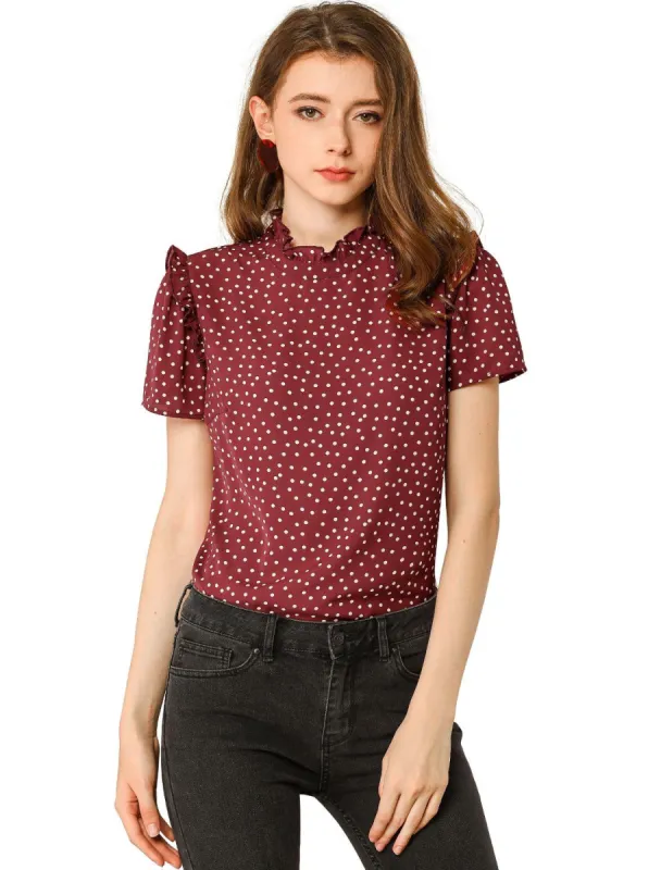 Women's Ruffle Polkd Dots Stand Collar  Short Sleeve Blouse Tops sold by Allegra K