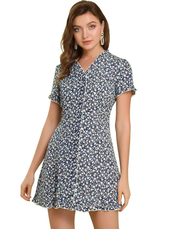 Women's Button Front V Neck Fit and Flare Mini Ruffle Dress Shirtdress sold by Allegra K