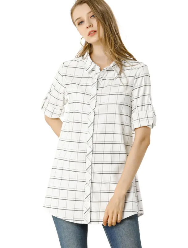 Women's Casual Plaid Roll-up 3/4 Sleeve Loose Classic Button Down Shirt made by Allegra K