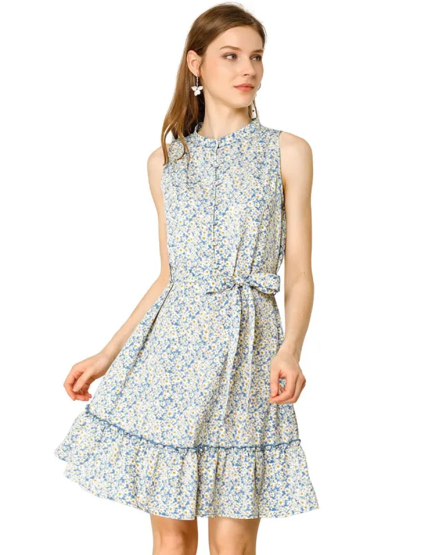 Women's Floral Daisy Printed Half Placket Ruffle Hem A-Line Belted Sleeveless Dress sold by Allegra K