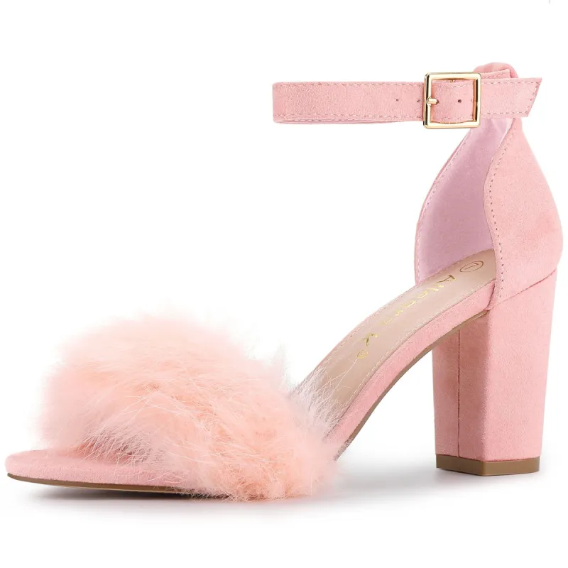 Women's Ankle Strap Faux Fur Block Heels Sandals sold by Allegra K