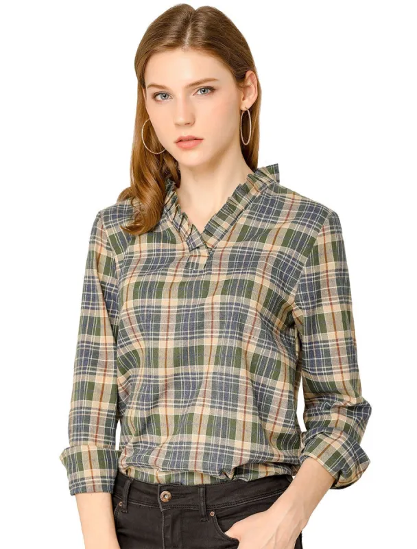 Women's Ruffle Collar Cotton Blouse Plaid Shirts Long Sleeve Tops sold by Allegra K