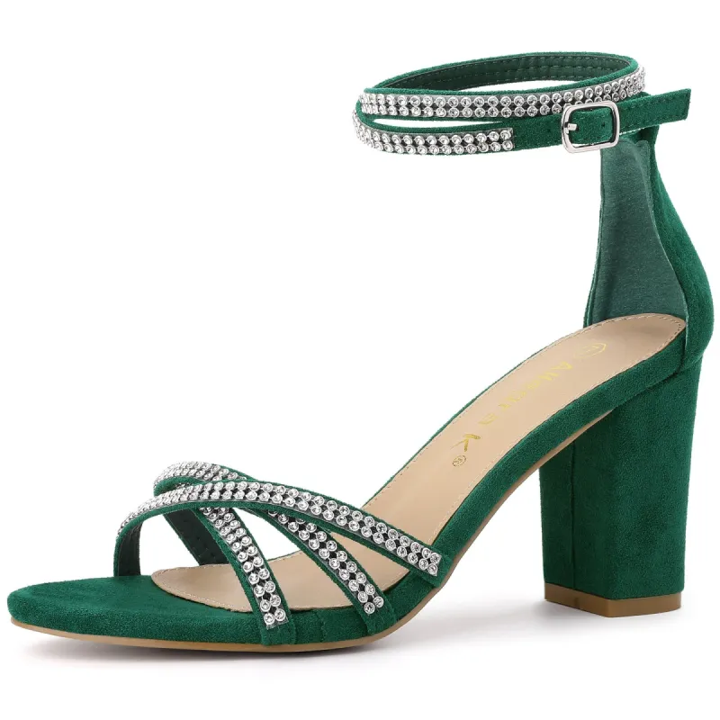 Women's Rhinestone Ankle Strap Chunky Heel Sandals sold by Allegra K