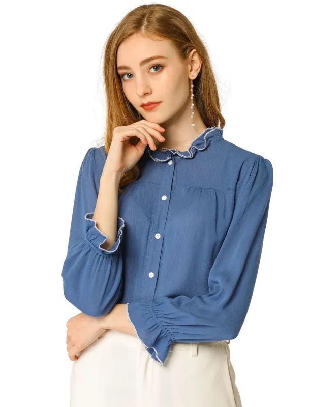 Women's Ruffle Contrast Trim Shirt Bracelet Sleeve Button Up Blouse sold by Allegra K