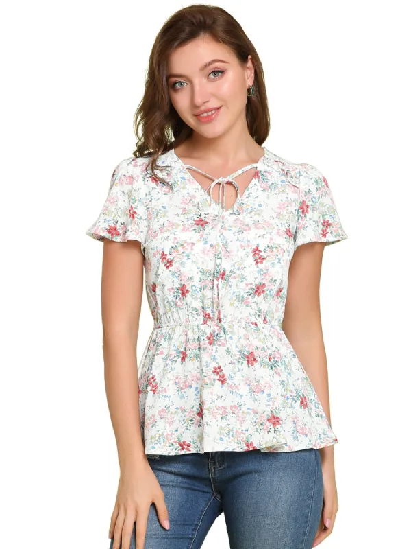 Women's Floral Print Short Sleeves High Waist Tie Neck Peplum Top sold by Allegra K