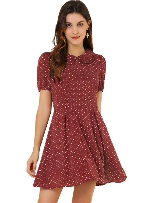 Women's Heart Print Dresses Puff Short Sleeve Chiffon Peter Pan Collar a Line Mini Dress sold by Allegra K