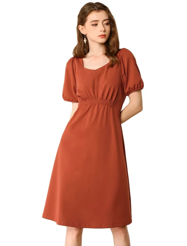 Women's Vintage Sweetheart Neck Smocked Front Short Puff Sleeve Dress sold by Allegra K