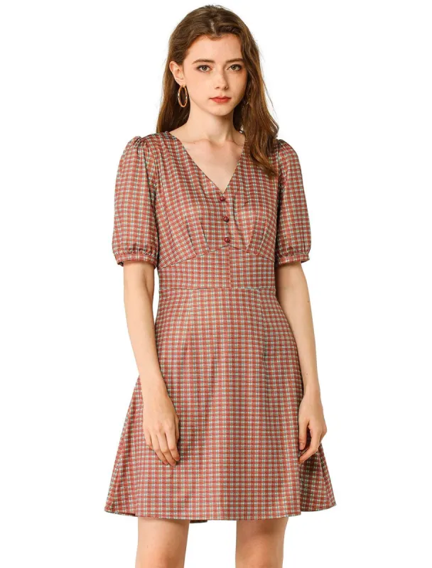 Women's Plaid Lantern Sleeves V Neck Button Decor A-Line Mini Dress sold by Allegra K