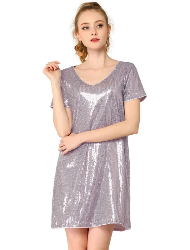 Women's Glitter Sparkle V Neck Mini Party Club Sequin Dress made by Allegra K